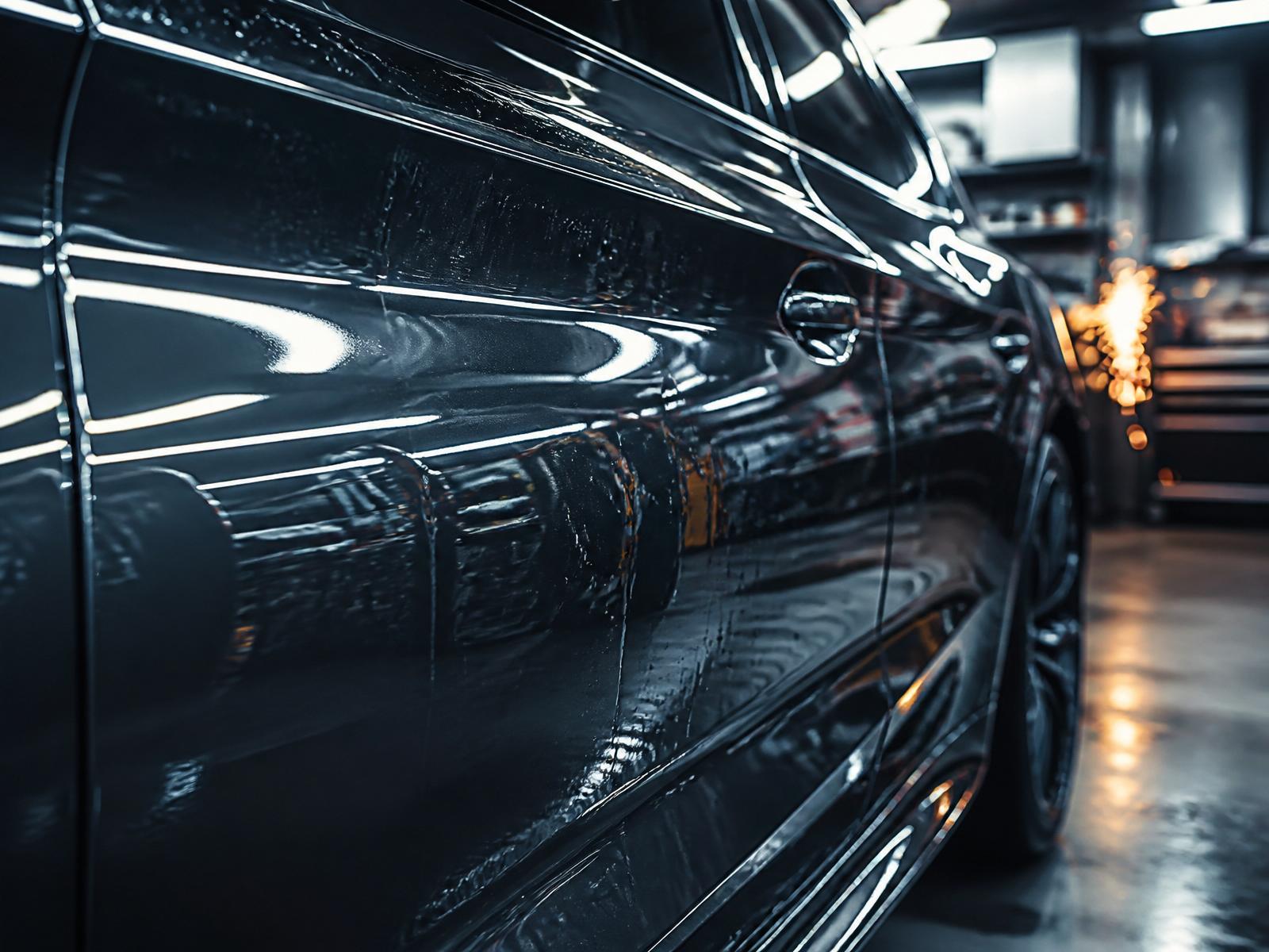Freshly repainted glossy dark car body
