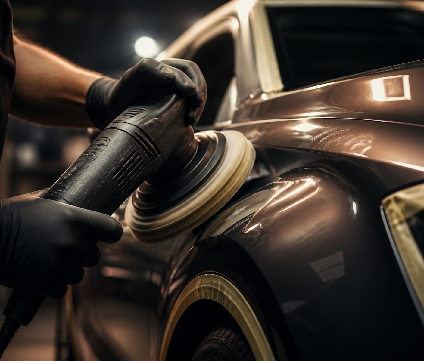 Technician buffing a freshly painted car panel